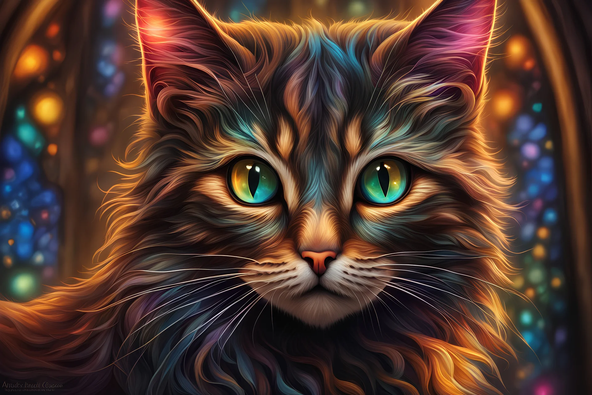 Adorable mysterious kitten, beautiful arcane cat, kitten goddess, insanely detailed artwork by Awwchang, Ferdinand Knab, Artgerm Lau, Anne Stokes, Josephine Wall, Leonid Afremov, vibrant deep colors, magnificent hyperdetailed, maximalist, HDR, 16k resolution, trending on ArtStation, CGSociety, sharp focus, stained glass background resolution HDR