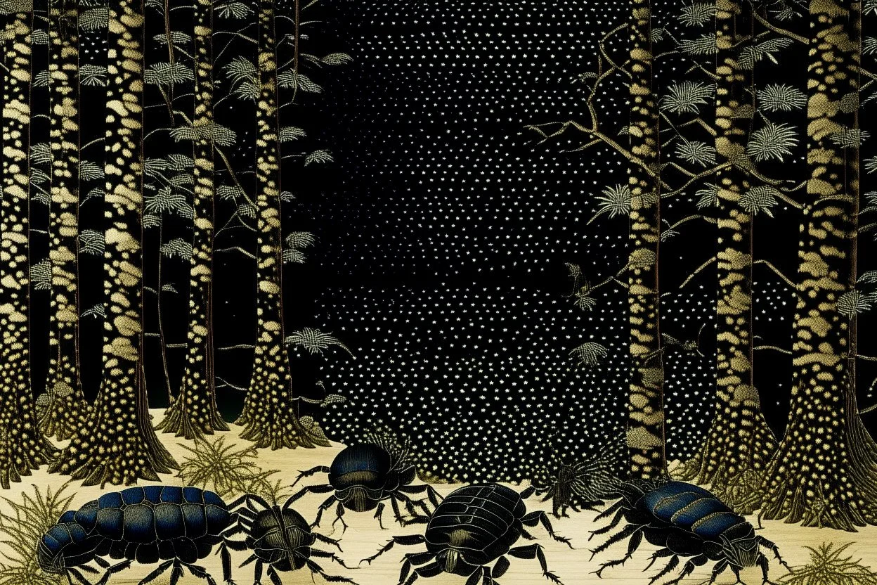 Black woods with beetles painted by Katsushika Hokusai