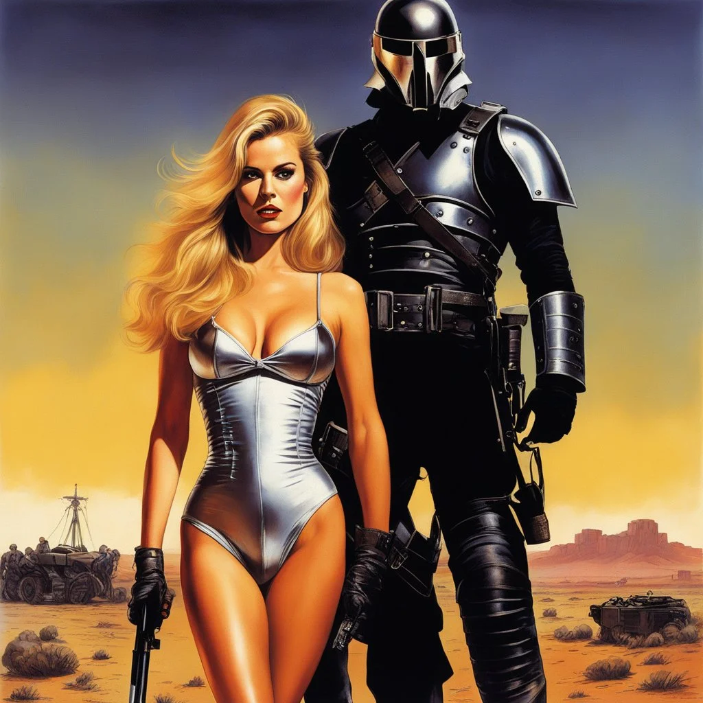 [art by Russ Meyer] a madmax mercenary with iron mask holds Erin Moriarty as Starlight in Agent Provocateur