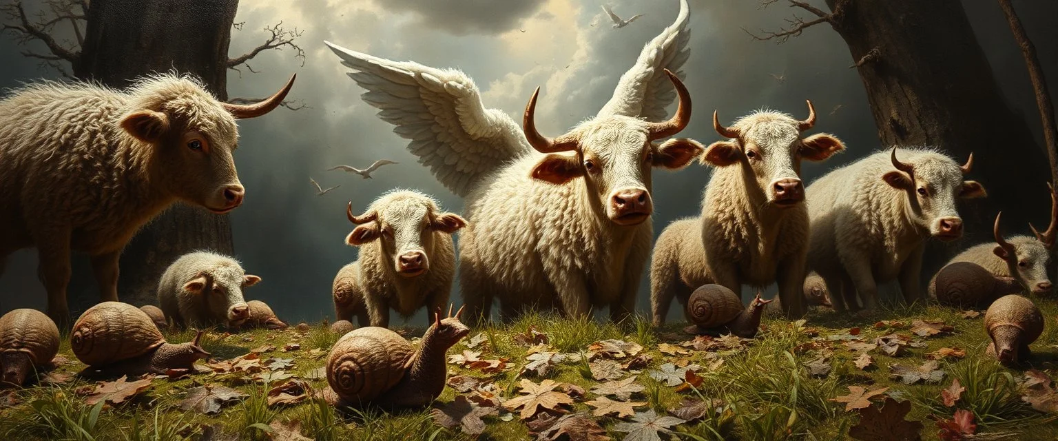 almost fully laid small puzzle pieces mixed up byangry god in heaven suffering through a pinhole cam picture of heavenly fluffy elevated messed up woodland elongated slimy cow snail story teller and ad & d monster creatures flock painted by Nerdrum and Rembrandt