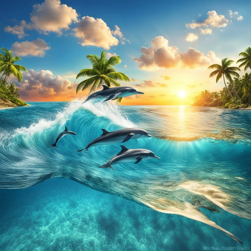 tropical island paradise in the middle of the blue sea, POV shot with a tropical drink in hand, dolphins leaping from azure waters against a brilliant sunset, photorealistic, high-resolution, reminiscent of South-Pacific views, by Joel Rae, by Michael Kincade, high complexity detail, 64 megapixels, HDR