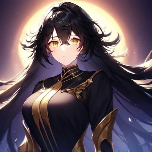 girl, masterpiece, best quality, volumetric lighting, detailed outfit, perfect eyes, black hair, golden eyes, long hair, messy hair,