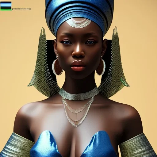 mulher nigeriana, bela face, fotorealística, 4k-- 8k, roupa alta costura,armação de fores na cabeça