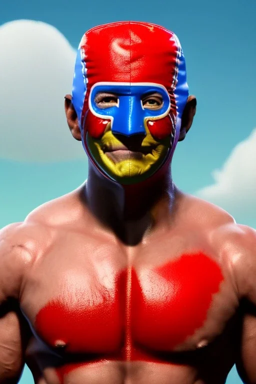 realistic image of joe biden as a mexican wrestling fighter posing, Mexican eyes wrestling mask, red and blue breeches, retro style, 80s, vibrant color, highly detailed, sky background, concept art, unreal engine 5, god rays, ray tracing, RTX, lumen lighting, ultra detail, volumetric lighting, 3d, finely drawn, high definition, high resolution.