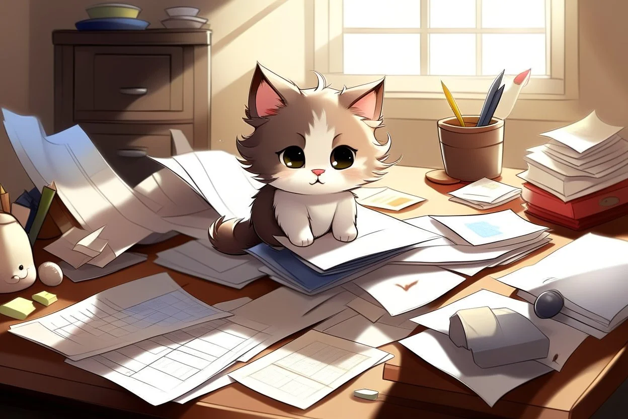 Cute fluffy chibi pixar brunette kitten working very hard at a desk, surrounded by lots of paper, computers and paper boxes, in the sunlight.