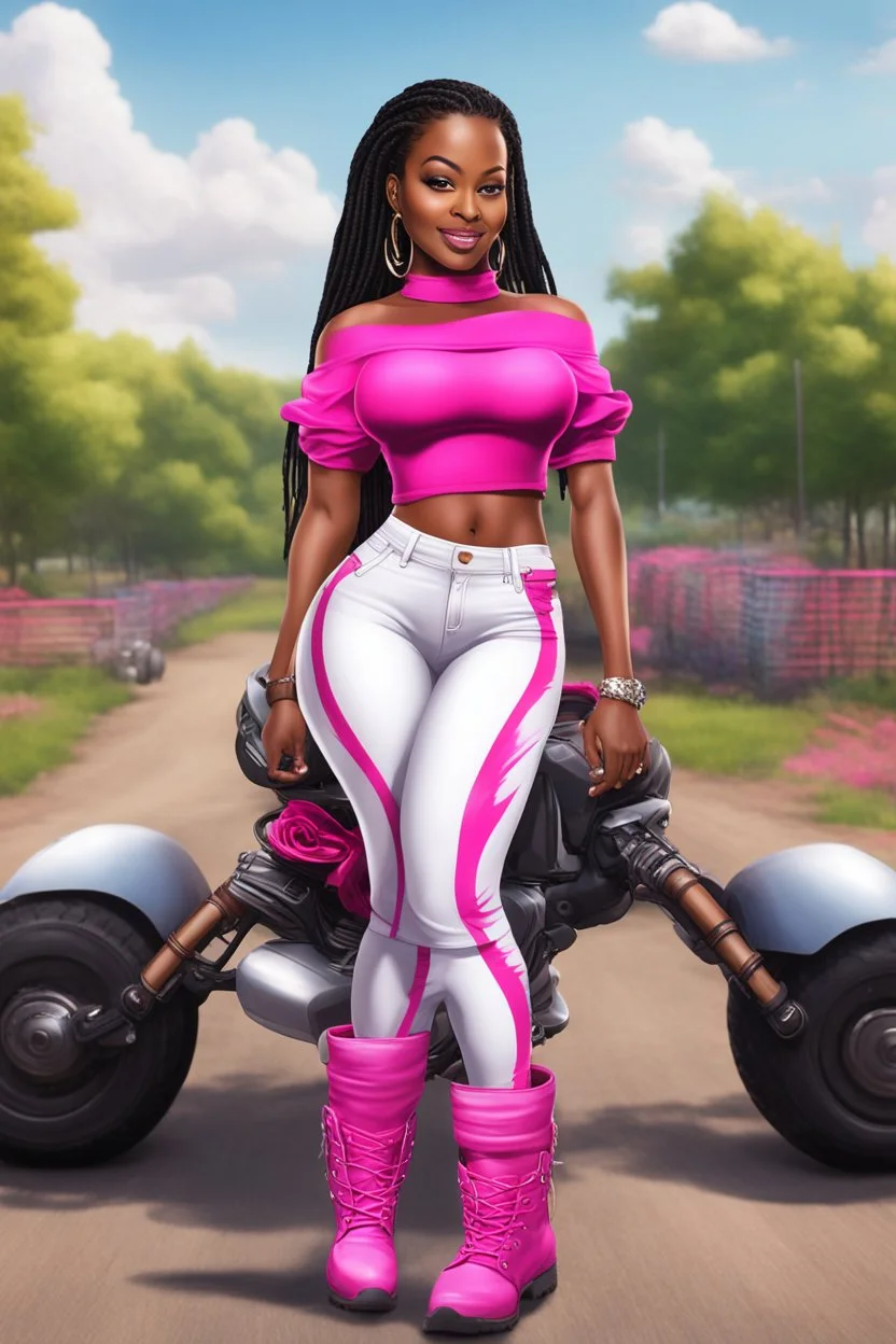 Create a digital airbrush cartoon of a curvy African American female wearing tight white jeans and a off the shoulder hot pink blouse. She is also wearing timberland boots. Prominent make up with hazel eyes. Highly detailed very long extremely braids of black hair. Her skin is smooth and silky. Background of a track of ATV riders.