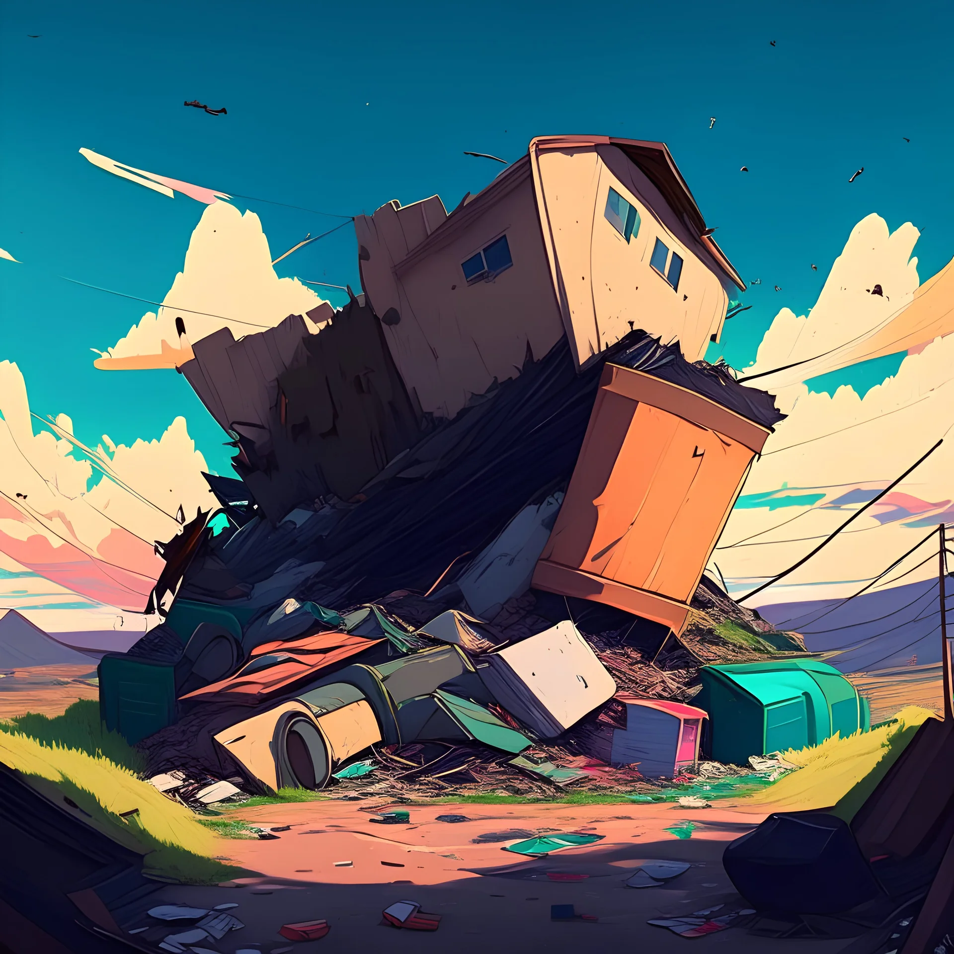 Dumpster mountains of garbage with houses no people anime style