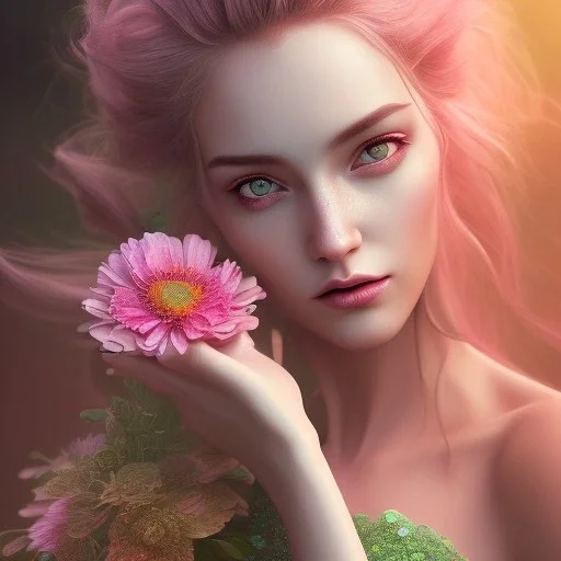 fairy, pink, green, beautiful, hyperrealism, masterpiece, expert, cinematic lighting, sharp focus, 8K, pastel, macro lens, woman, detailed, flower, golden hour