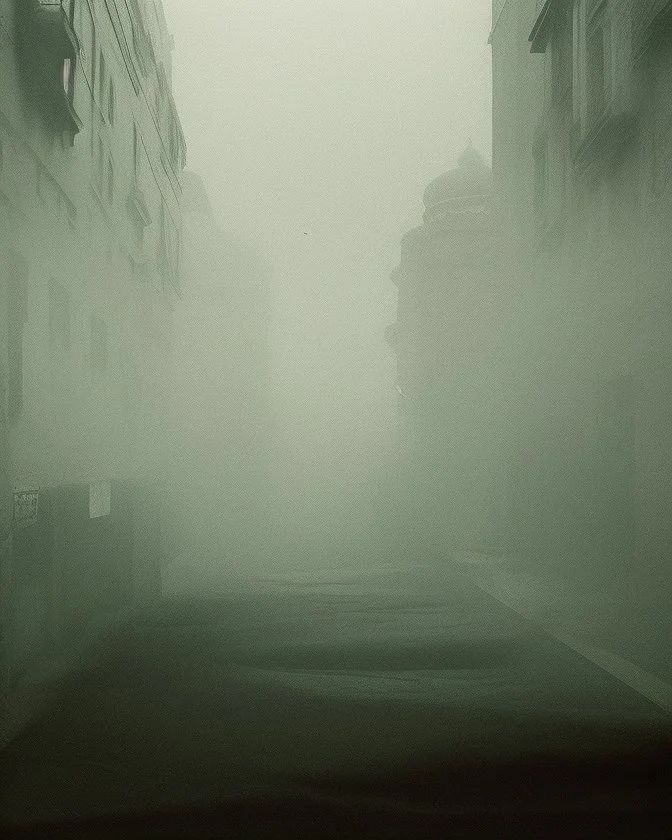 Dark street life creepy fog colours strong texture nightmare 8k artistic Photography volumetric light, Yves Tanguy Max Ernst Gustav Klimt chaos fool