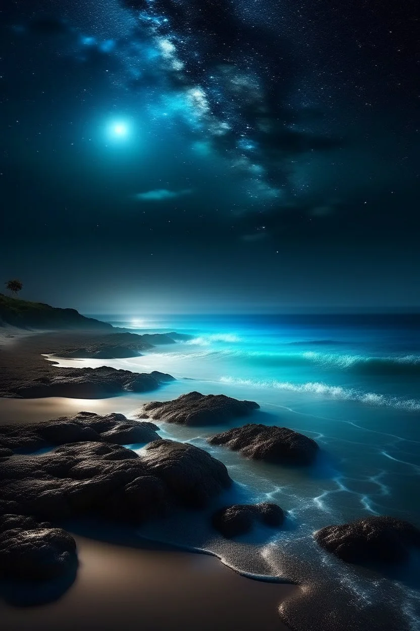 magic sea, realistic, professional photo, 4k, top view, , surf night, full moon, stars in the sky, Milky Way