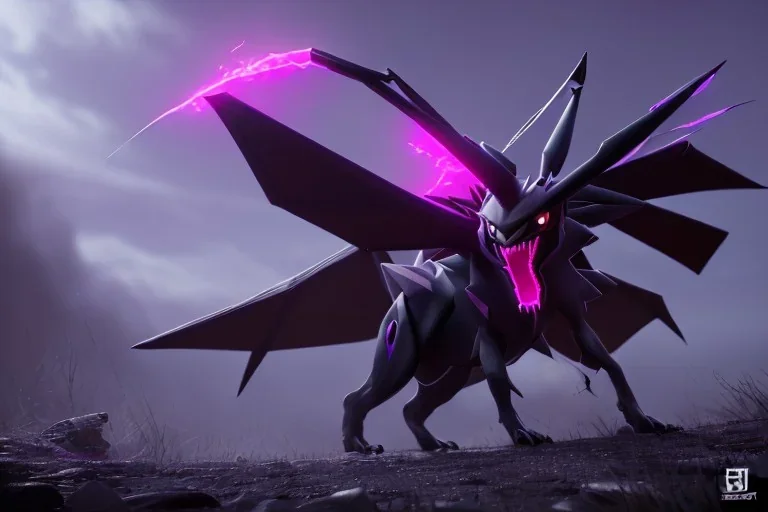 box art legendary dark type pokemon. Chaos. Black and purple colors. big. intimidating.