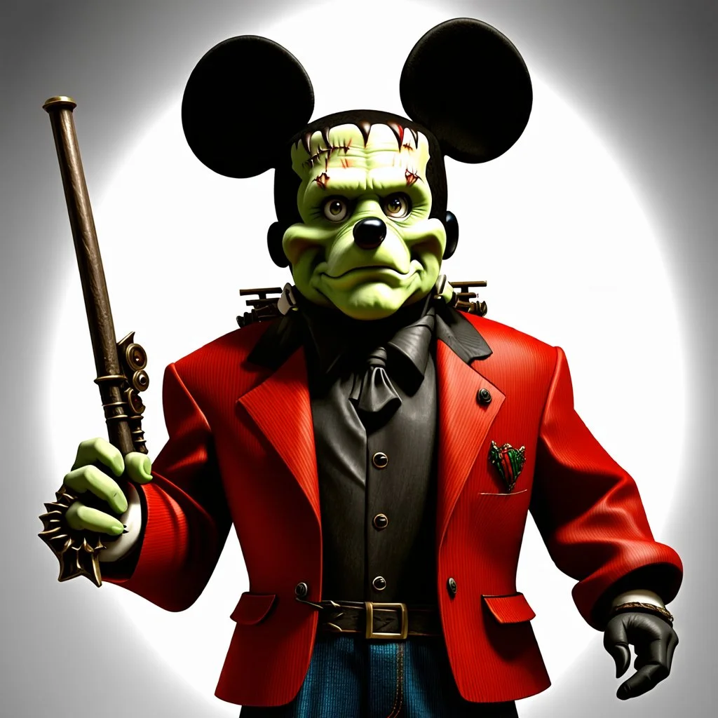 mickey mouse frankenstien's monster hybrid horrorcore steampunk, not 3d, photorealistic, From the movie Frankenstien, terror, horrorcore