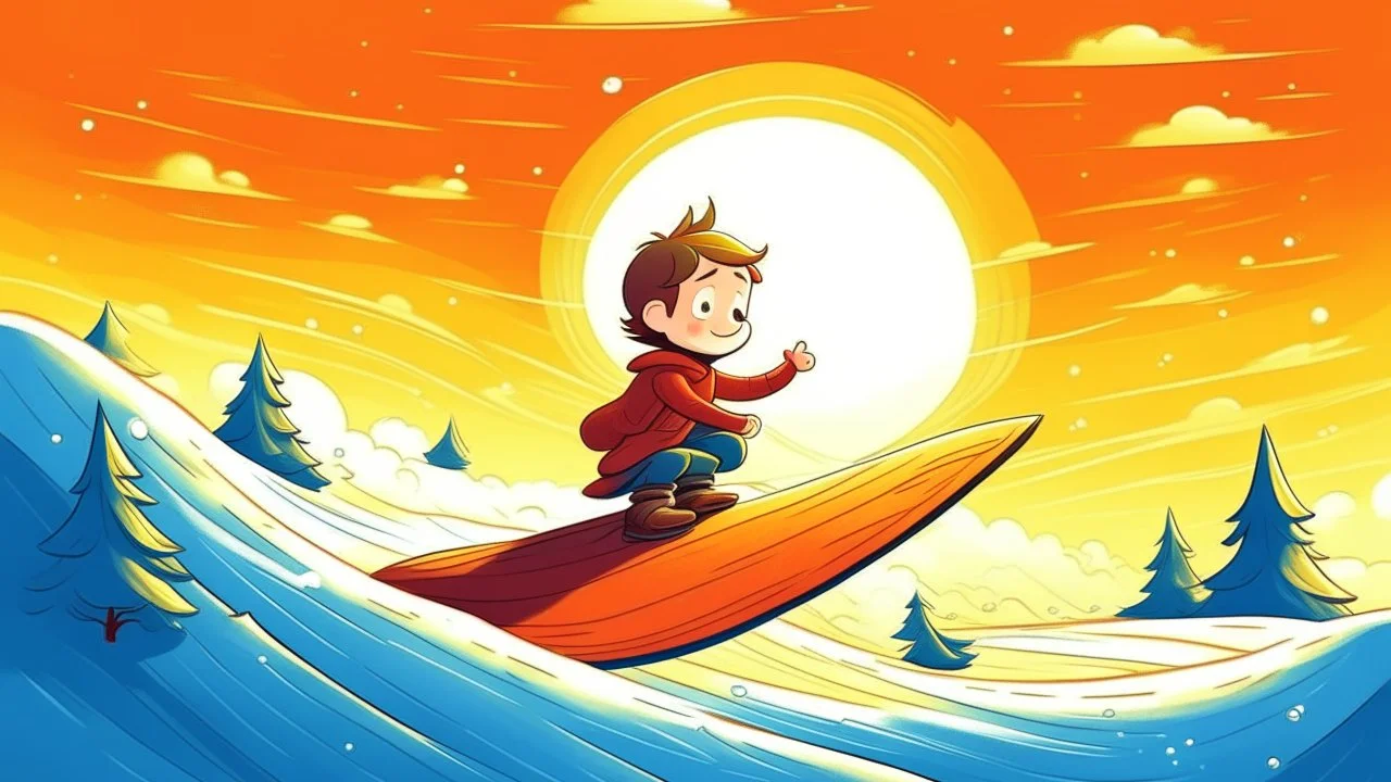 fantasy cartoon style illustration: a little boy on a sled down a snowy hill. Sun is shining high in the sky