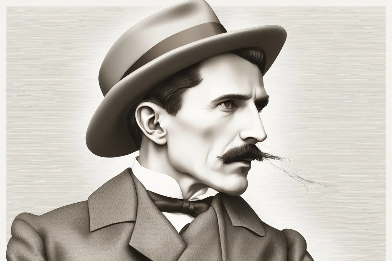 Nikola Tesla lifelike in the style of 3-d side view perpective