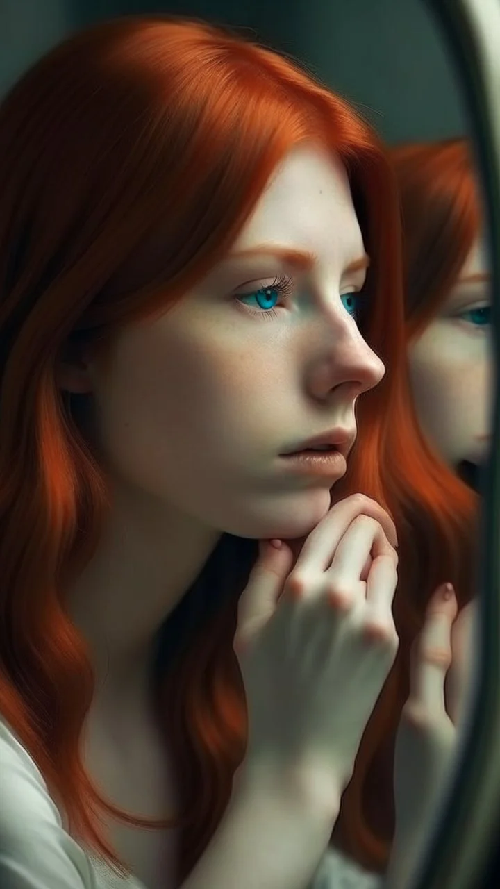 beautiful girl with red hair dreaming of a love world and looking to the mirror