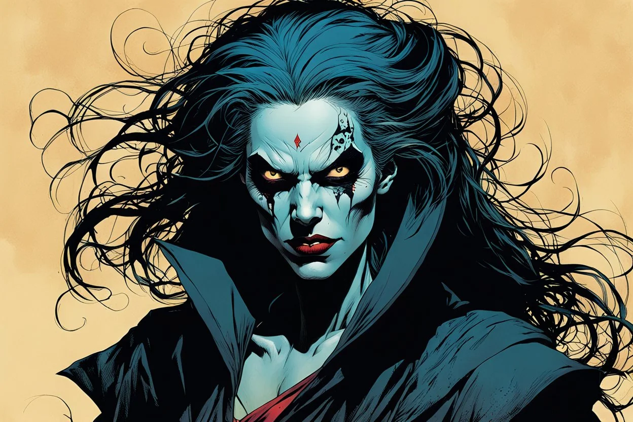 create an arcane, ethereal, otherworldly ancient female Bruxa vampire , in the comic book art style of Mike Mignola, Bill Sienkiewicz, John Romita Jr., Leonardo Romero, Simone D'ARMINI, and Jean Giraud Moebius, with highly detailed feminine facial features , finely penciled and inked , dramatic natural lighting