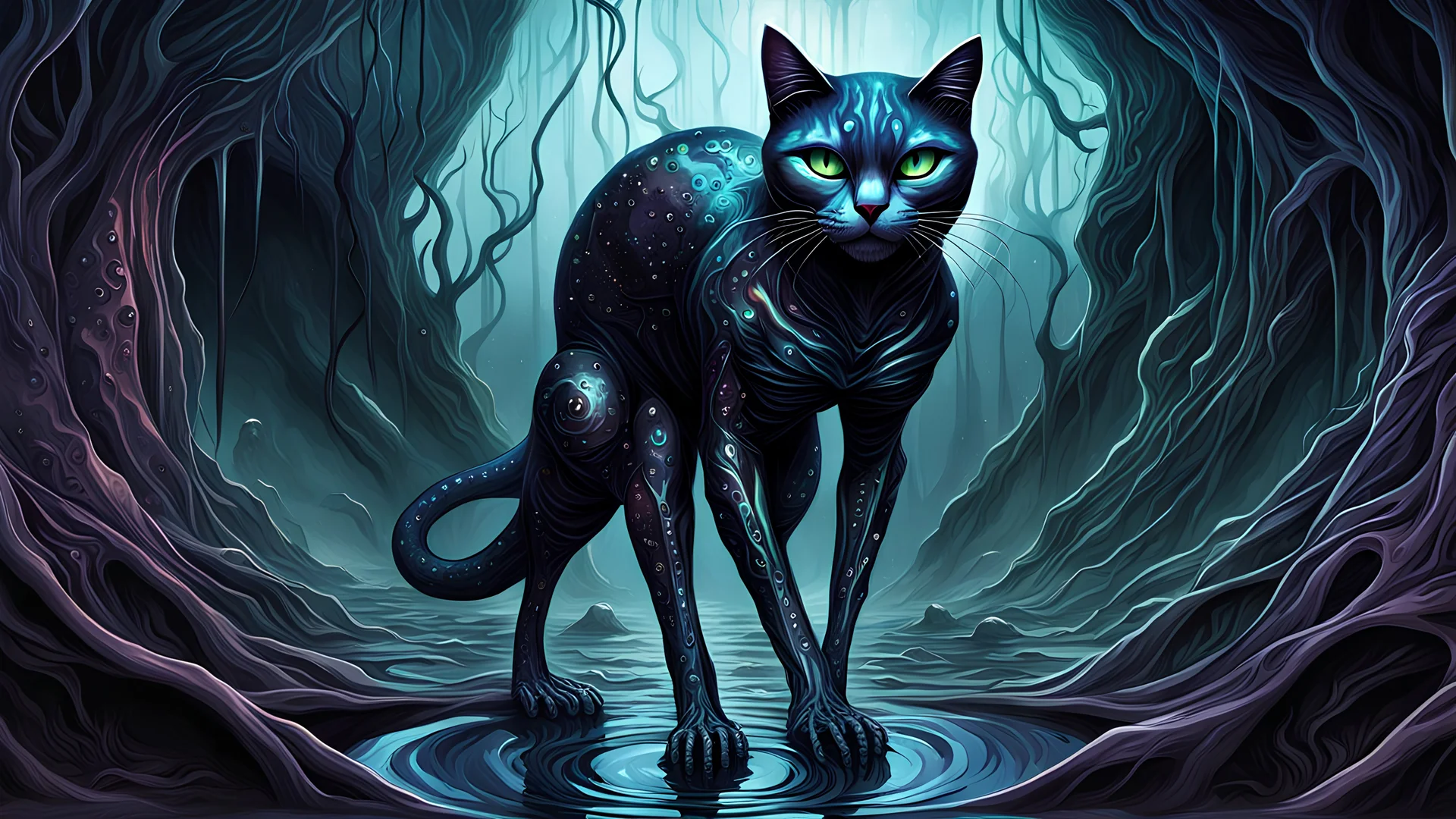 A gritty, full-body shot of an insatiably evil black opal iridescent pearlescent dark feline alien hybrid in a surreal landscape, with sharp ivory teeth, macabre, Dariusz Zawadzki art style, liminal spaces, horror art, dark gaming background, wet, glossy, horror art, trypophobia, eerie, intricate details, HDR, beautifully shot, hyperrealistic, sharp focus, back lit, 64 megapixels, perfect composition, high contrast, cinematic,