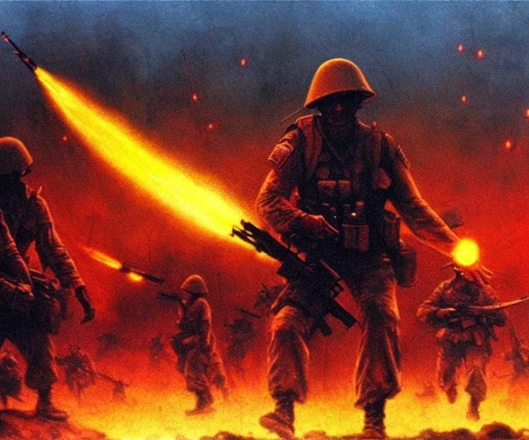 vietnam war. war. napalm. bokeh. lens flare. warm lights. high detailed. beksinski