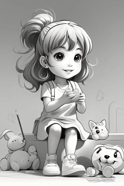 A round-faced little girl happily holding a bunch of colorful balloons ,very happy , Colloring page for todlliers ; basic hawali style cartoon , black and white , ink outlines , , smooth , anime style , minimalist , cute eyes , full body , white shose , sketchbook , realistic sketch , free lines , on paper , character sheet , clean line art high detailed