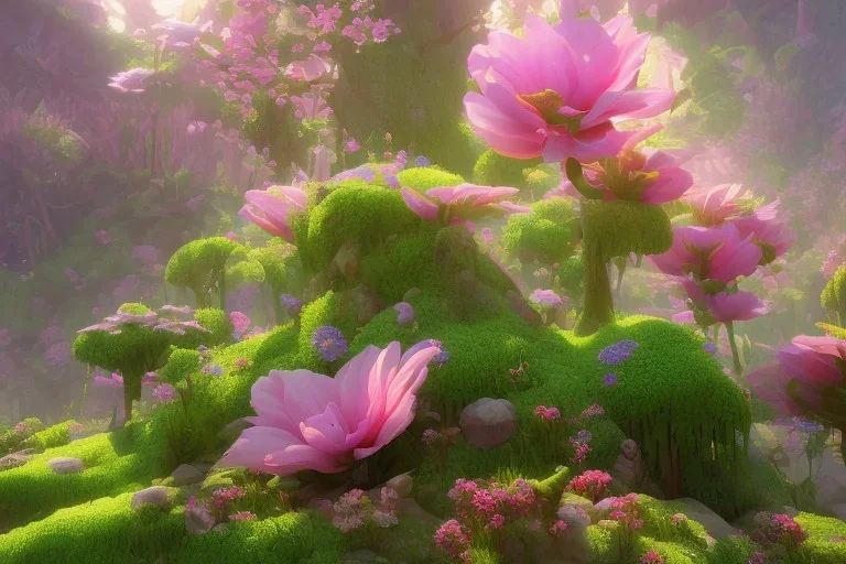 big pink FLOWERS, RIVER RAIN FOREST, trending on artstation, lights unity engine