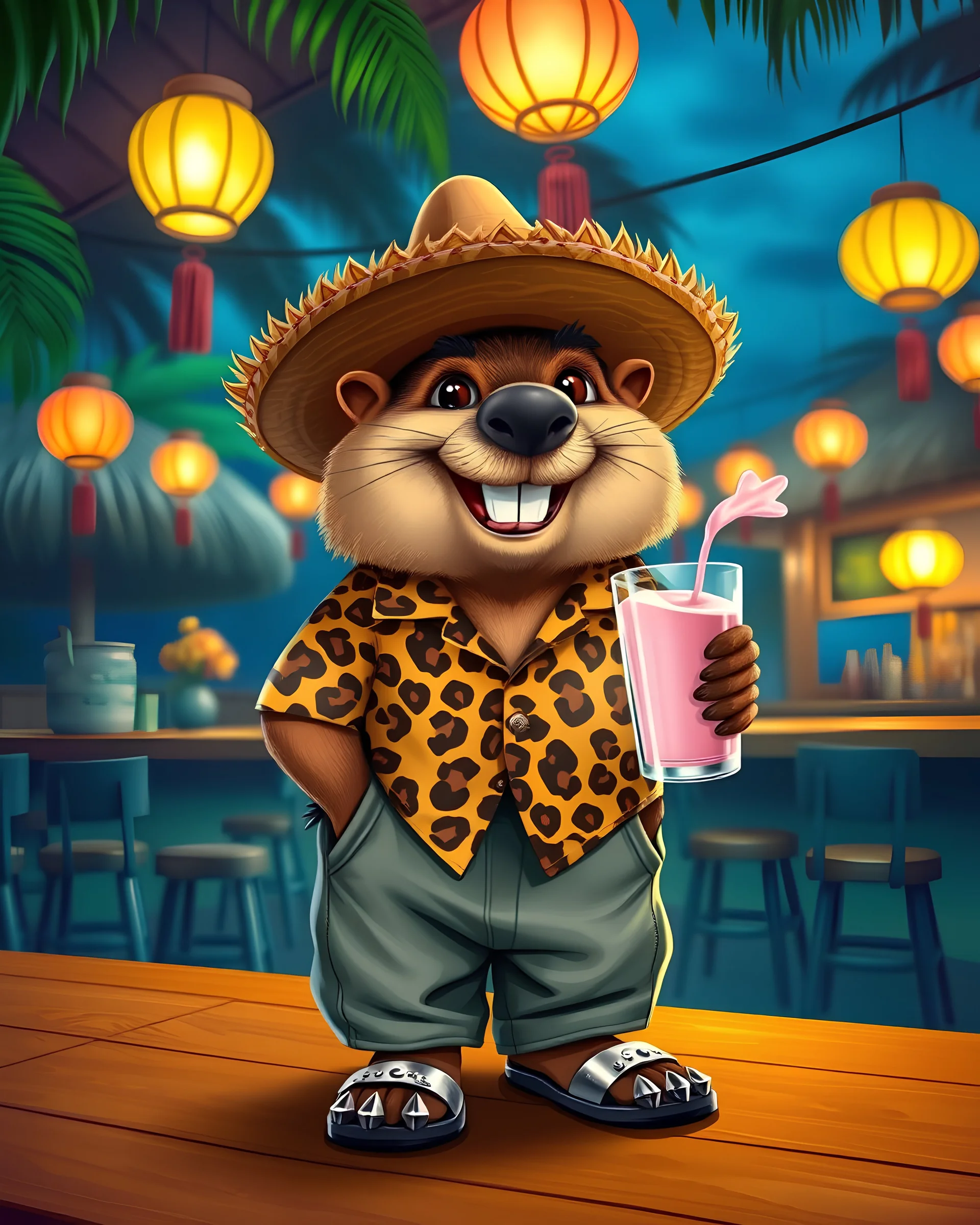 A cute beaver smiling, wearing a sombrero, with a Hawaiian shirt that has a leopard pattern, he wears baggy short pants with side pockets and on his feet wears shiny metallic flip flops that have little spikes on them, and he holds a glass of pink milk in his hand, located in a Caribbean beach bar at night, the whole scene is lightened by Chinese lamps that hang on the celling of the bar, the whole scene oozes a laid back mood, digital art, vibrant colors