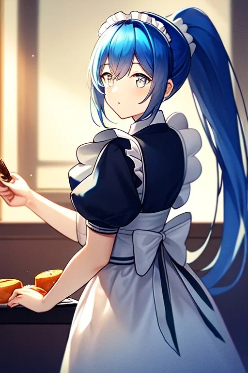 girl, masterpiece, best quality, cinematic lighting, detailed outfit, vibrant colors, perfect eyes, blue hair, long hair, white eyes, ponytail, maid, indoors, looking up, food,