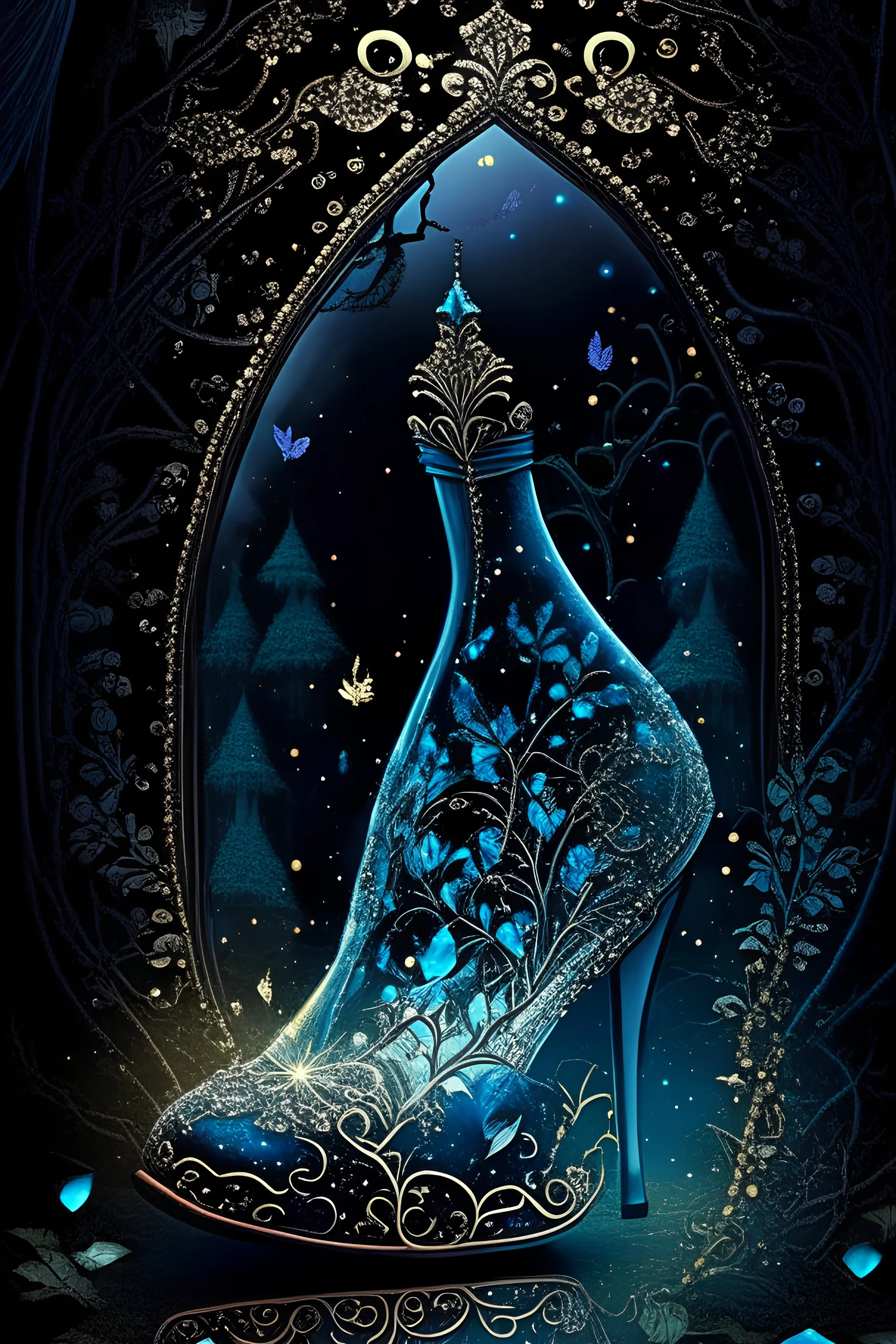 dark fantasy, intricate cover, a whimsical fairytale, glass slipper