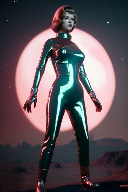 Ultra Realistic retro sci-fi portrait New York image from 1960, many spaceships, sweet young Jane Fonda, tight latex suit, weapon, fighting stance, soft color, highly detailed, unreal engine 5, ray tracing, RTX, lumen lighting, ultra detail, volumetric lighting, 3d, finely drawn, high definition, high resolution.