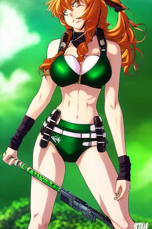 In the style of Shirow, hyper detailed, strikingly beautiful teen female, 16 years old, long ponytail, ginger hair, green eyes, medium freckles, full lips, full body, full face, tiny breasts, athletic, centred camera, ignore NSFW, bikini, athletic