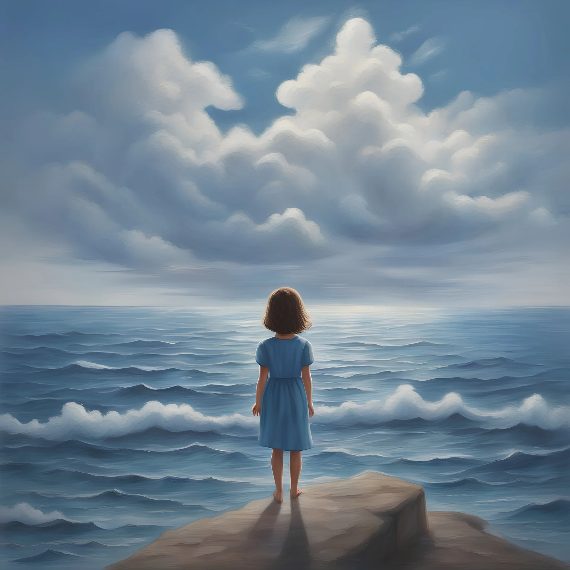 A beautiful scene A young girl appears with her back standing in front of the sea in a drawn painting. The girl watches the sky and the sea approaches her with its calm waves. The girl in the blue dress and short hair looks at the sky where there is a cloud from which the name “Reem” emerges in a three-dimensional form.
