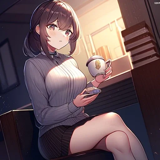 anime girl, holding a large tea cup that is overflowing, sitting in a diner