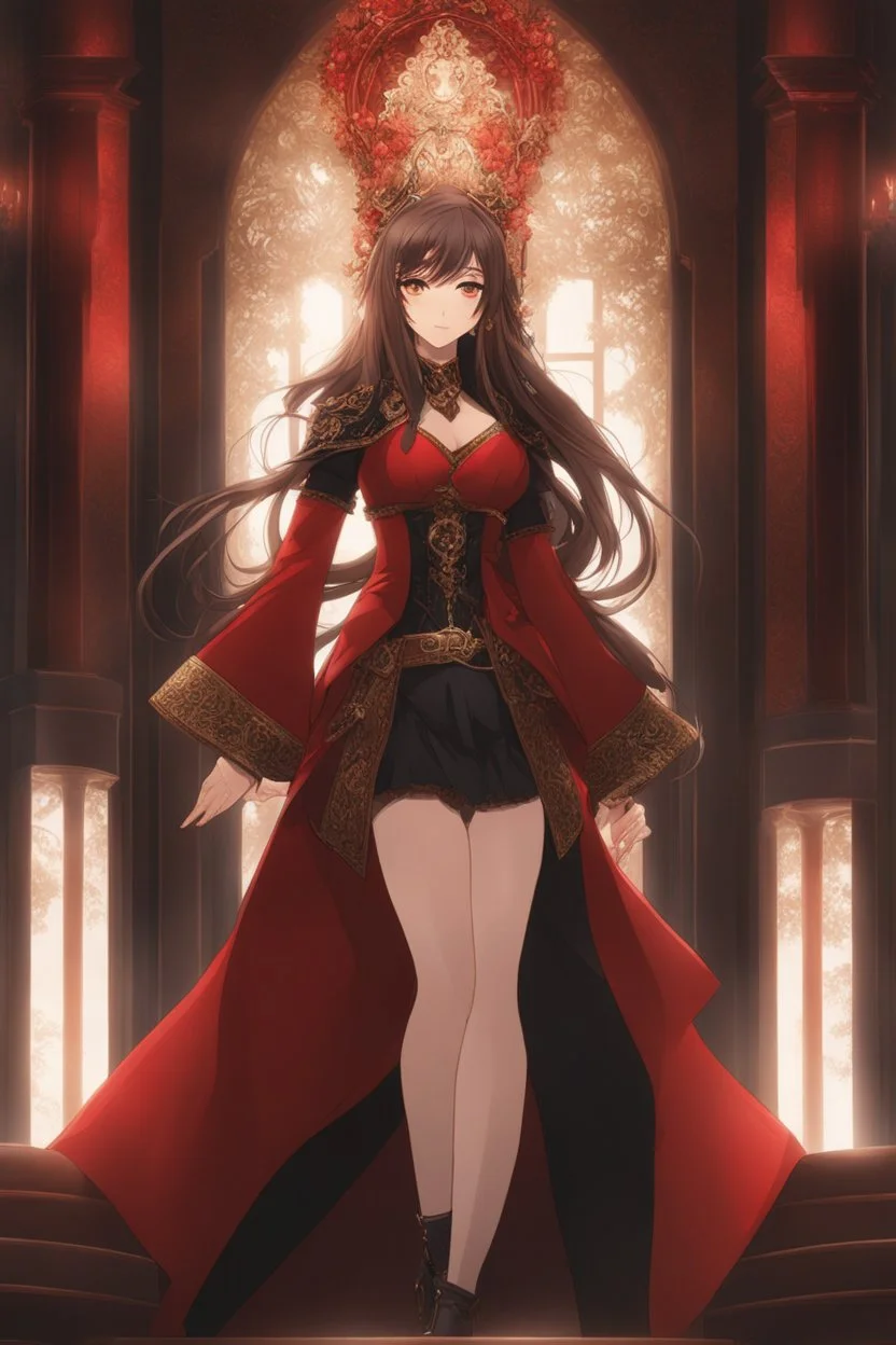 (masterpiece), (anime style), award winning, centered, looking toward camera, long brown hair, confident young woman, red eyes, intricately detailed modern setting, dynamic lighting, dynamic composition, ultra detailed, (epic composition, epic proportion), wearing red and black fantasy clothing