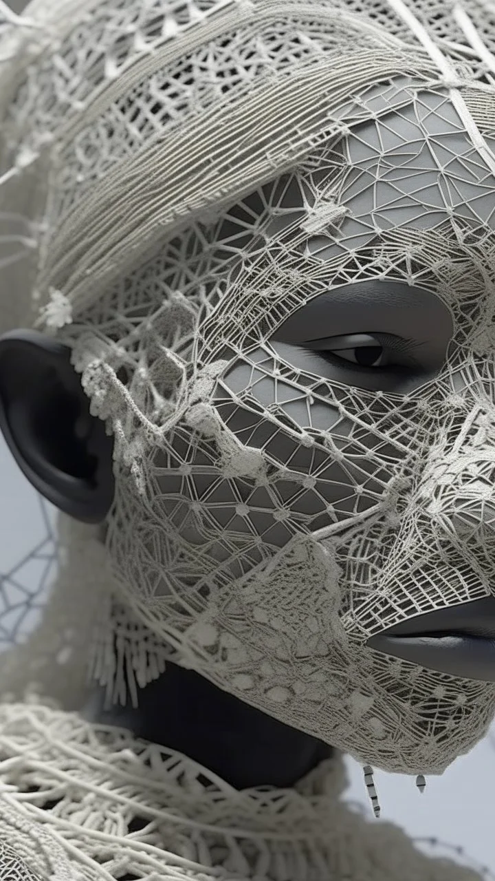 A hyperrealistic shot of a queen of the African tribes all in white head out of a white spider web, intricate details, soft natural light, screen captured from 4K Blu-ray. All white background