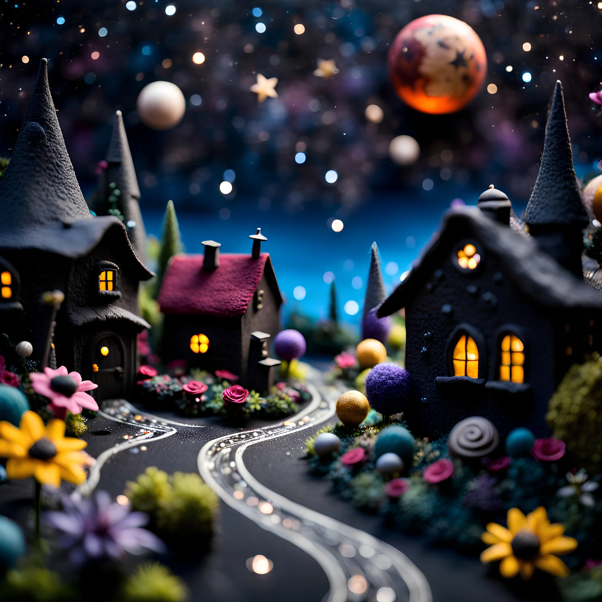 Detailed street made of modeling clay and felt, village, stars, galaxy and planets, black sun, volumetric light, ZBrush, Max Ernst, flowers, naïve, Tim Burton, strong texture, extreme detail, Yves Tanguy, decal, rich moody colors, sparkles, Harry Potter, bokeh, odd