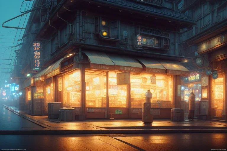 A highly detailed matte painting of a detached small shop with sign by studio ghibli, makoto shinkai, by artgerm, by wlop, by greg rutkowski, volumetric lighting, cyberpunk, octane render, 4k resolution, trending on artstation, masterpiece