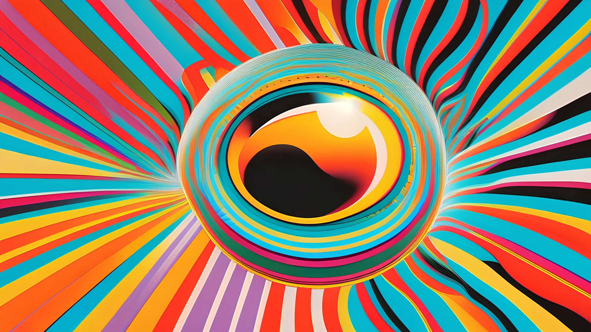 1970s abstract comic book style of a floating eye reflecting an array of colours and waveforms