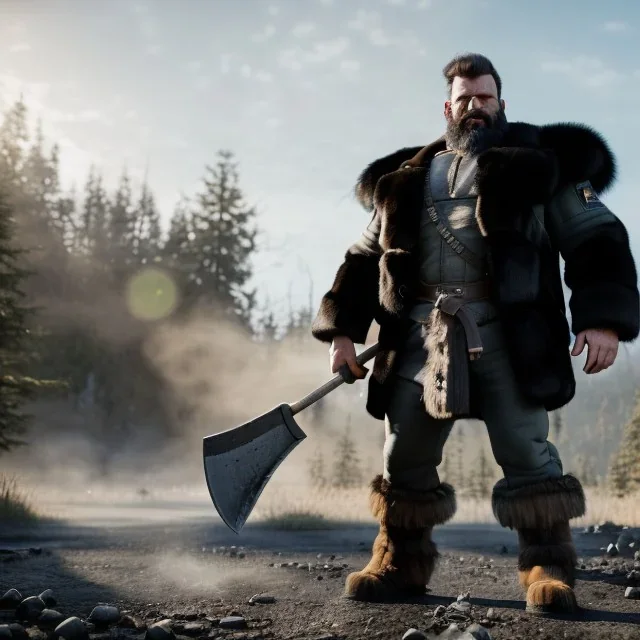 large muscular barbarion, heavy build, wearing fur pants, black fur boots, thick belt, long beard, shaved head, battle worn, stoic, large axe, blue eyes, eyes are both in proportion, 3/4 look, standing, dark cobblestone alley, bright fire behind, intense, non-photorealistic rendering in the art style of j.scott campbell