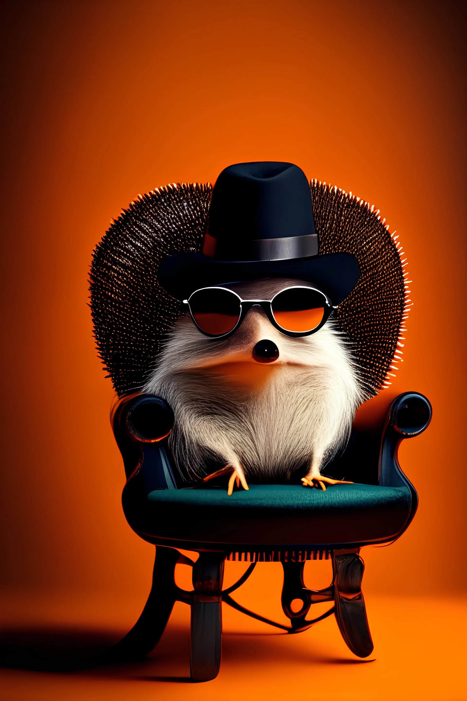 hedgehog lying on a vintage chair wearing round black glasses in a black cylindric hat on orange background