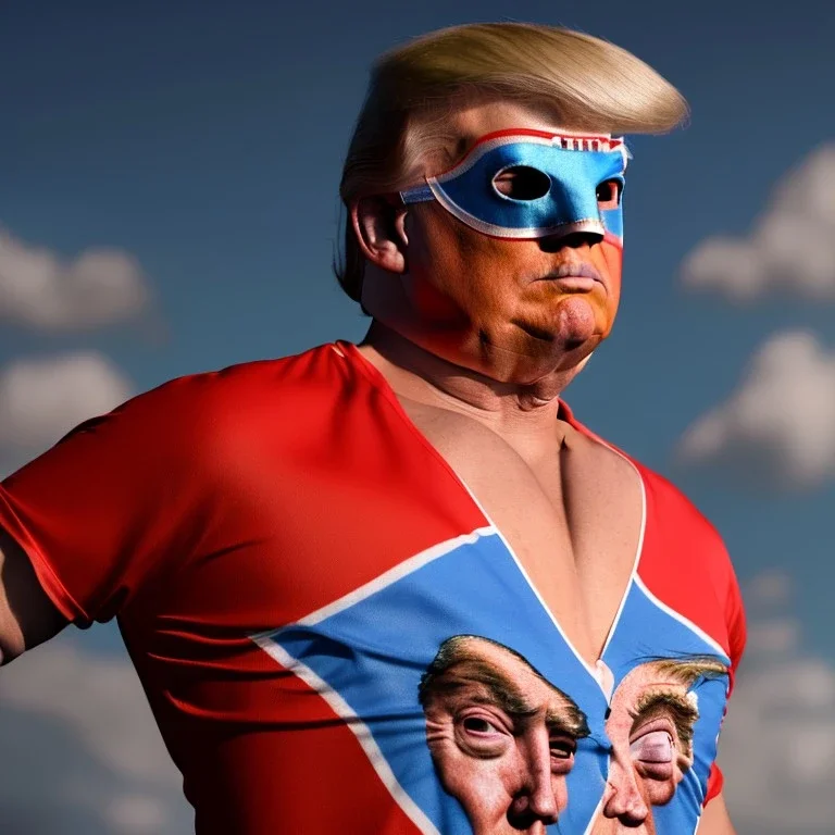 realistic image of donald trump as a mexican wrestling fighter posing, Mexican eyes wrestling mask, red and blue breeches, retro style, 80s, vibrant color, highly detailed, sky background, concept art, unreal engine 5, god rays, ray tracing, RTX, lumen lighting, ultra detail, volumetric lighting, 3d, finely drawn, high definition, high resolution.