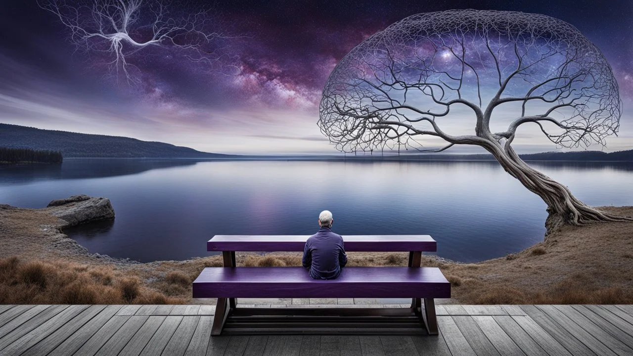 back to the camera on unique amorphe bench a non bynare human figure sitting, a beautiful landscape and overlooking the water of the nearby lake, calm, harmonious atmosphere, muted dark colors, purple, white, gray, brown, silver, blue, pale colors, , not too colorful colors, Whimsical style and giant stunning neuron network all over the sky surreal stunning vibe