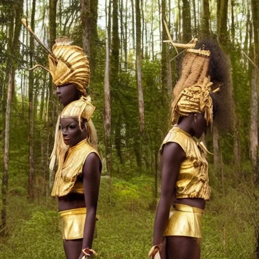 Female twins only,show face details clearly. Black skin, tall and slender, long afro kinky hair,slanted almond shaped dark brown eyes, warrior wear holding spears. Gold accents on clothing surrounded by trees.