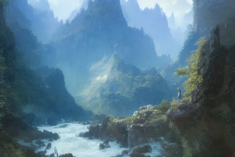 mountain river flows through a fantasy landscape gorge. a big blue lake in the middle of the mountains. fabulous nature, amazing seascape, highly detailed, digital painting, artstation, concept art, smooth, sharp focus, illustration, art by greg rutkowski and alphonse mucha