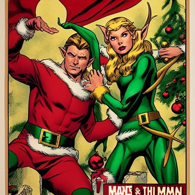 two elves. woman and man. Christmas scene. poster. marvel comic. low-key