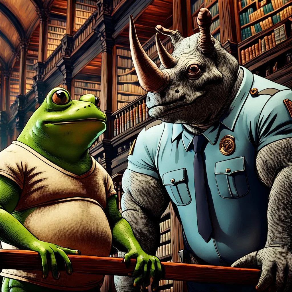 close up photo from a yellow color big and fat anthropomorphic frog in simple human clothes talking with a gray strong anthropomorphic rhinoceros without horns in blue modern security guard clothes, they talking and elbowing on an old wooden railing next to each other, in background a bibliothek with tall book shelves, detailed sci-fi, fantasy mood