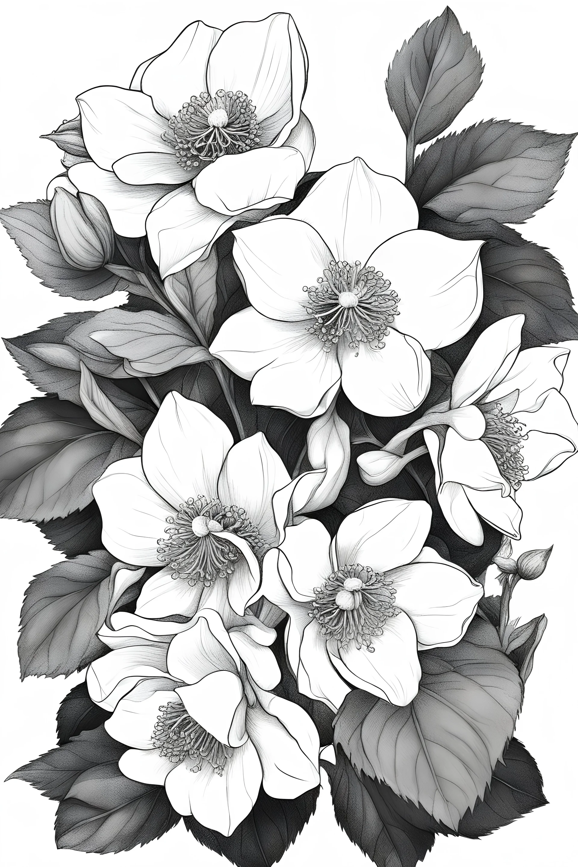 outline art of(Helleborus) only black and white, no colour , White background. sketch style, clean line art, white background, no shadow and clear, no people, no colour, for book