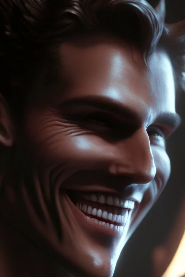 a very close up side profile image of an evil angel, smiling,8k quality, supper realistic