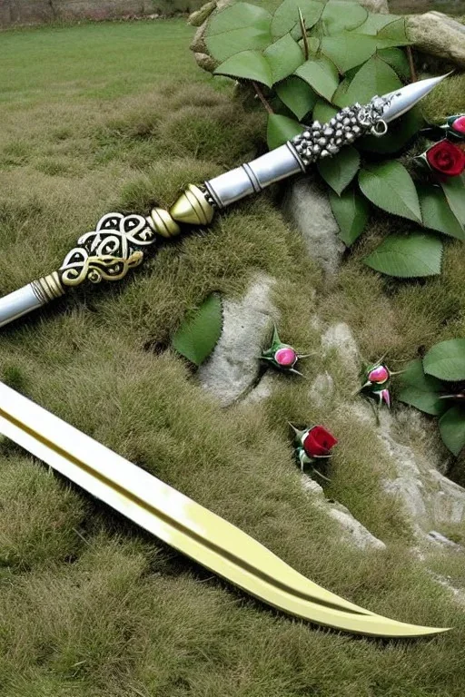 A large silver and Gold spear weapon covered in rose's and thorns, realistic, fantasy,