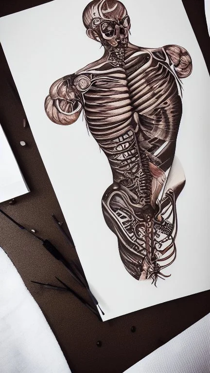 Tattoo on white paper, anatomical coffee, bright brown drawing, black paint strokes on background, large black strokes background, polka dot pattern