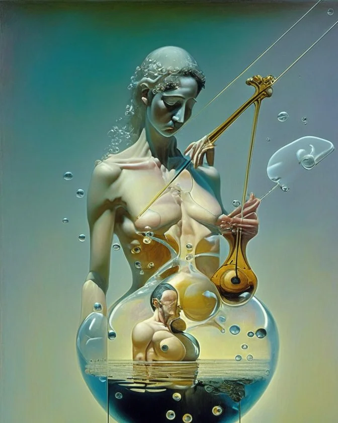 human body, universe-like Soap Bubble,complex surgical instruments mixed with human body-like musical instruments,symbolism,surrealism,minimalism,Painting By Adrian Ghenie, Rene Magritte, Salvador Dali, Lucian Freud