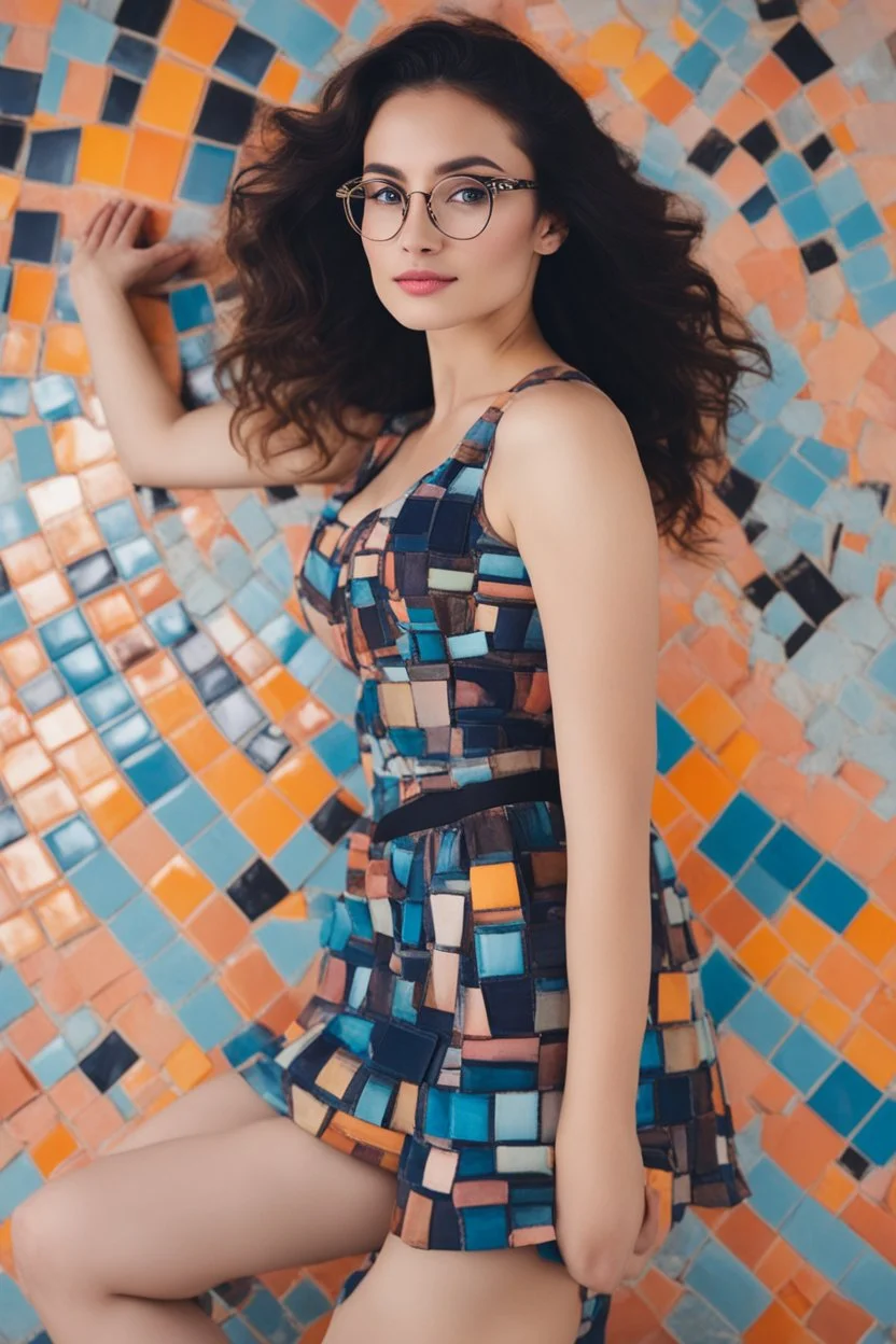 full body, head to toe - multicolored, neon lit, tiled floor - cat-eye framed eyeglasses - sky blue and navy blue gradated background -- multicolored, neon lit, tiled floor -- it's the 1950s - smiling 18-year-old Brianne Devereaux, big boobs, long, black hair, ponytail, blue eyes, short pleated plaid wool skirt, cotton blouse, a wool sweater, oxford shoes, and a neck scarf, professional quality studio 8x10 UHD Digital photograph, multicolored spotlight, Photorealistic, realistic stock photo,